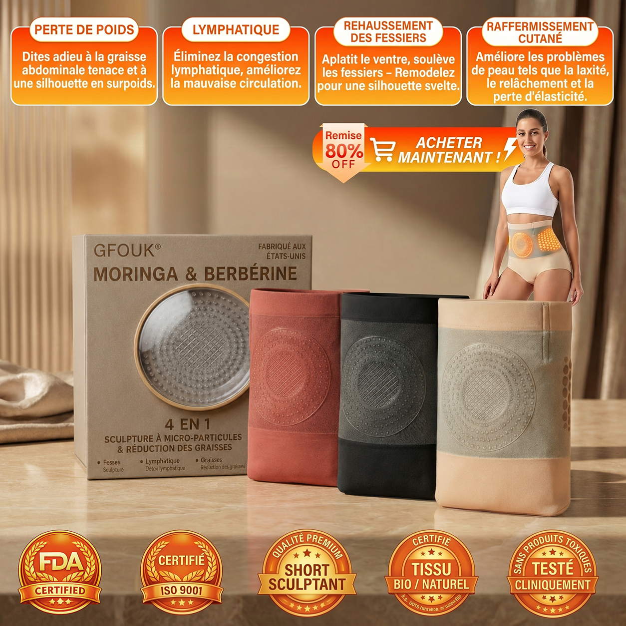 GFOUK® Short 4-en-1 sculptant et brûle-graisse aux microparticules de Moringa et de Berbérine